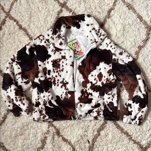 Faux Fur Cow Print Zip-Up Jacket - White & Brown